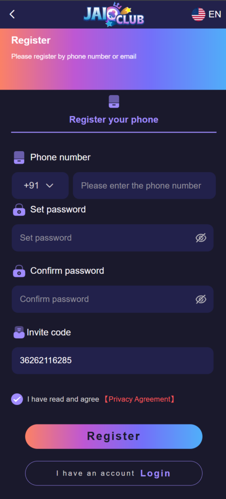 Jai Club Registration Screen
