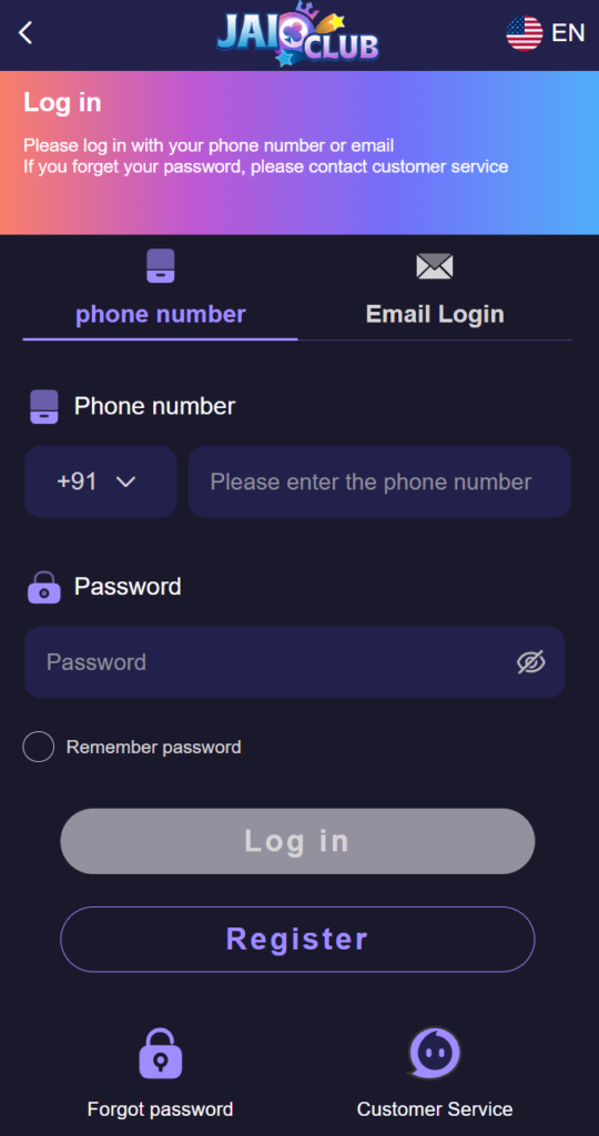 Jai Club Login Screen